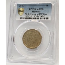 AUSTRALIA 2000 . ONE 1 DOLLAR COIN . ERROR . MULE . STRUCK ON TEN 10 CENTS